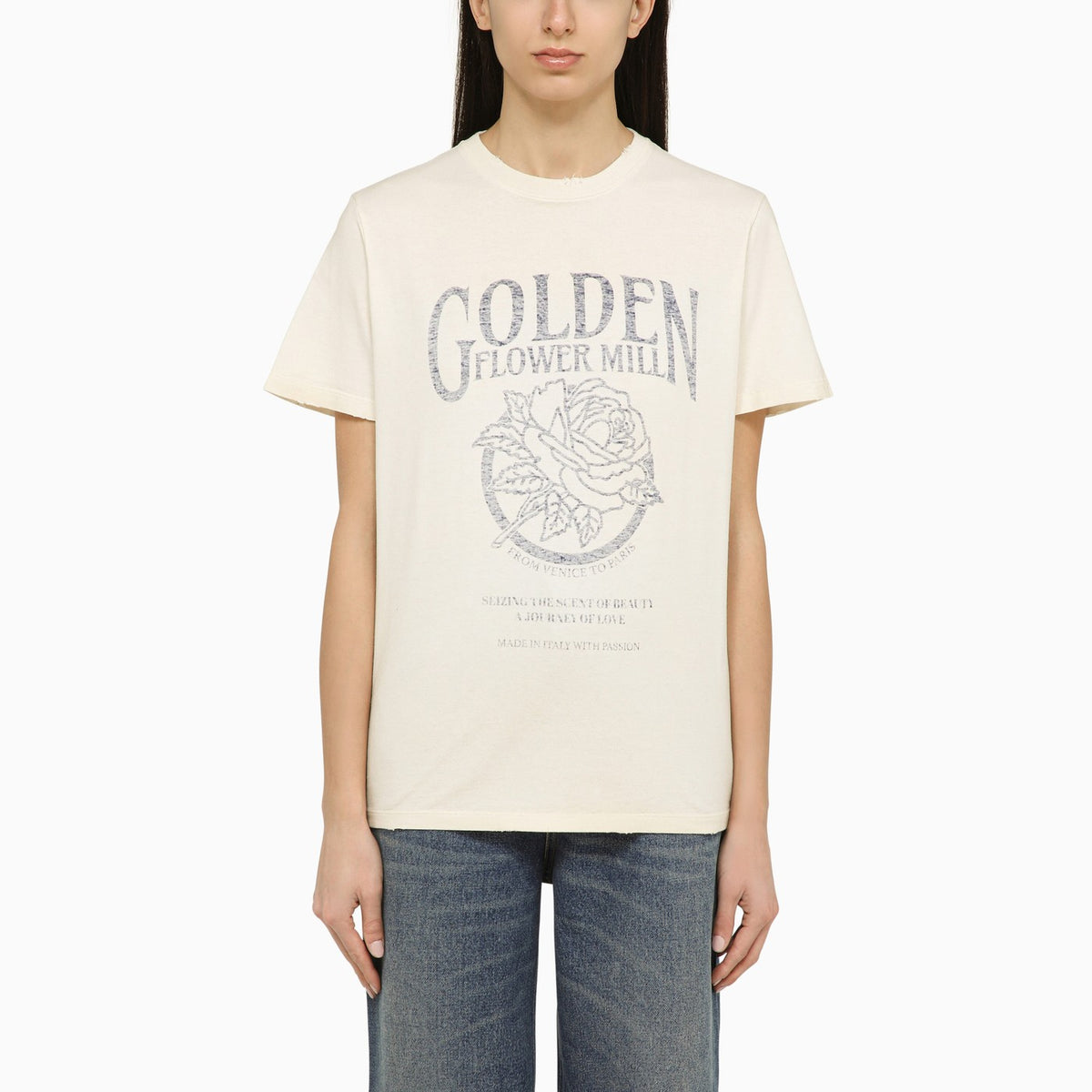ゴールデングースホワイトクルーネックTシャツロゴ付き | Balardi